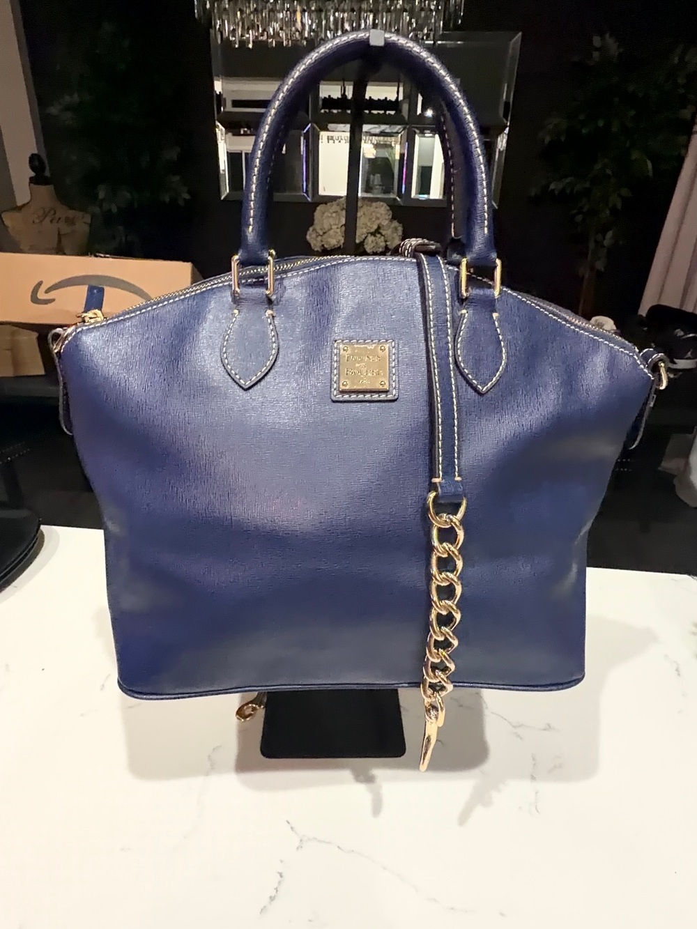 Dooney & Bourke Navy Leather Satchel with Gold Chain Detail